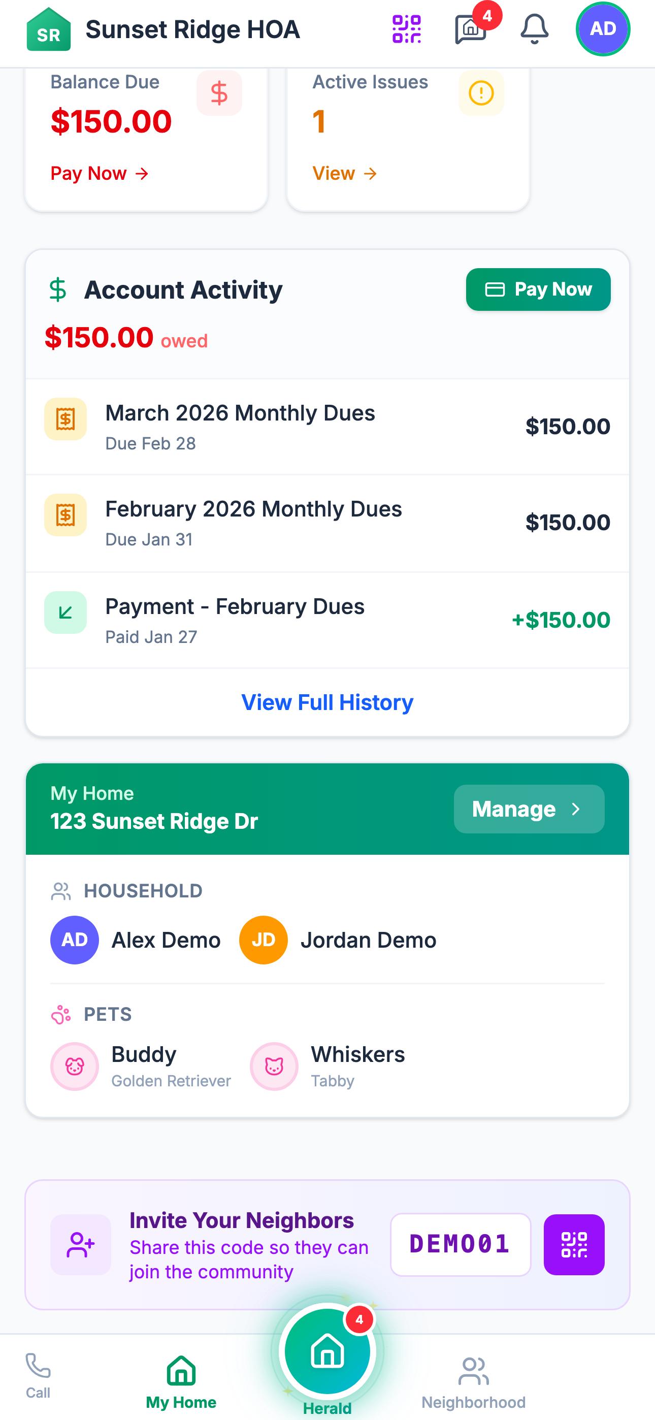 Resident view: Balance Due and Pay Now at top, Account Activity ledger showing dues charged and payments received