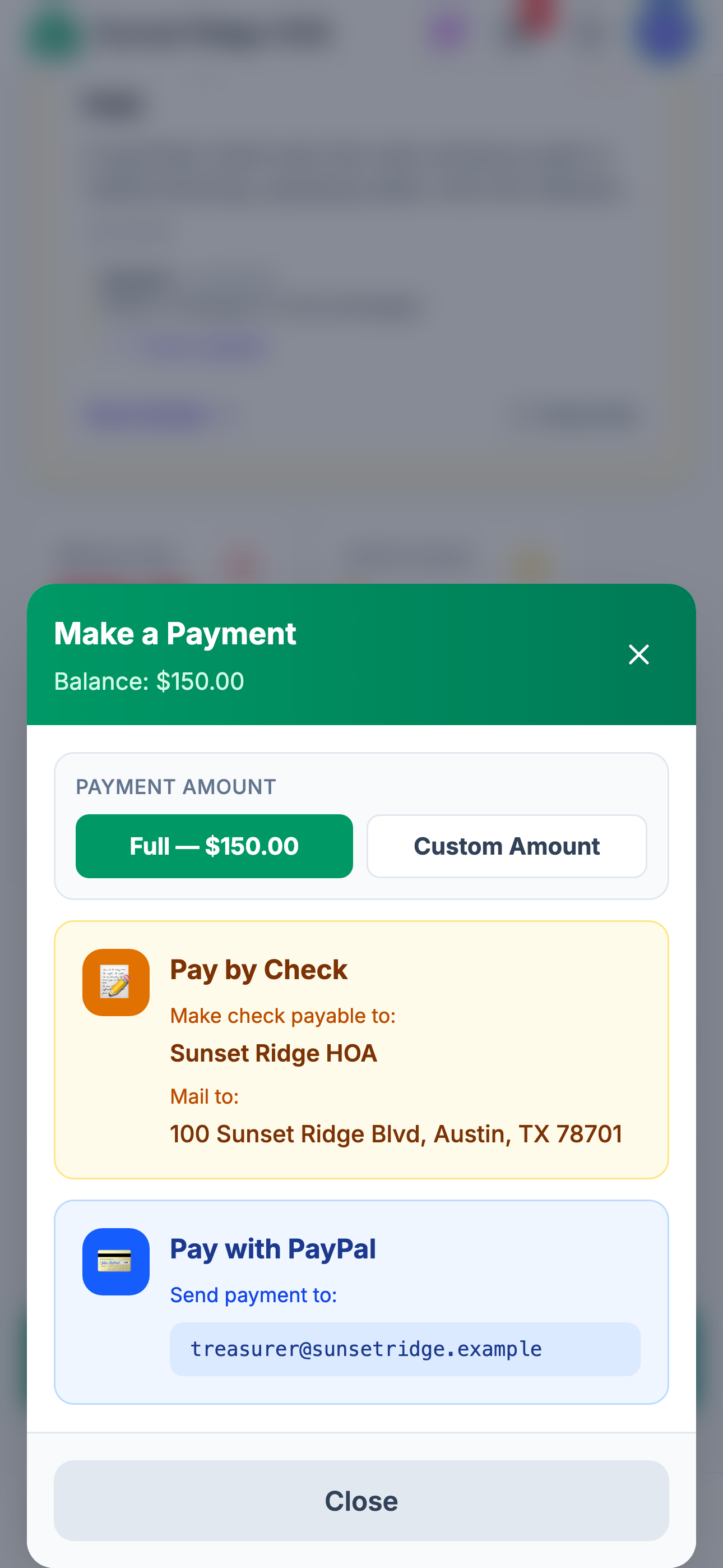 Make a Payment screen: balance, payment amount selector, and the methods the HOA has enabled (Check and PayPal shown for this community)