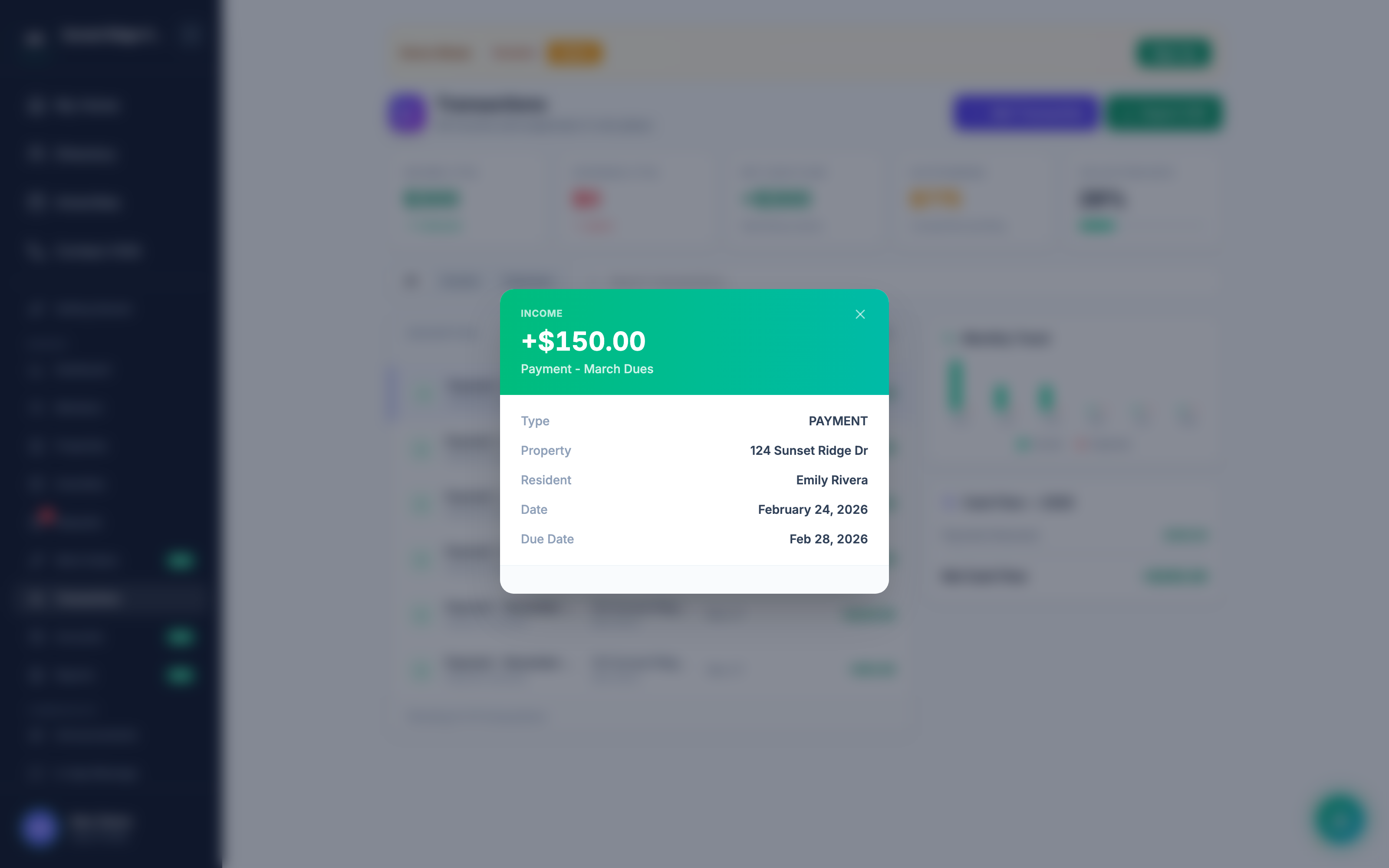 Single transaction detail: every payment is its own structured record with type, property, resident, date, and due date stamped on it